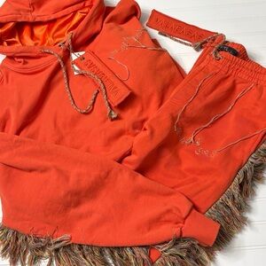 VALABASAS Ecco Fleece Fringe Hoodie & Pants TrackSuit Set Sweatsuit Size XL NEW